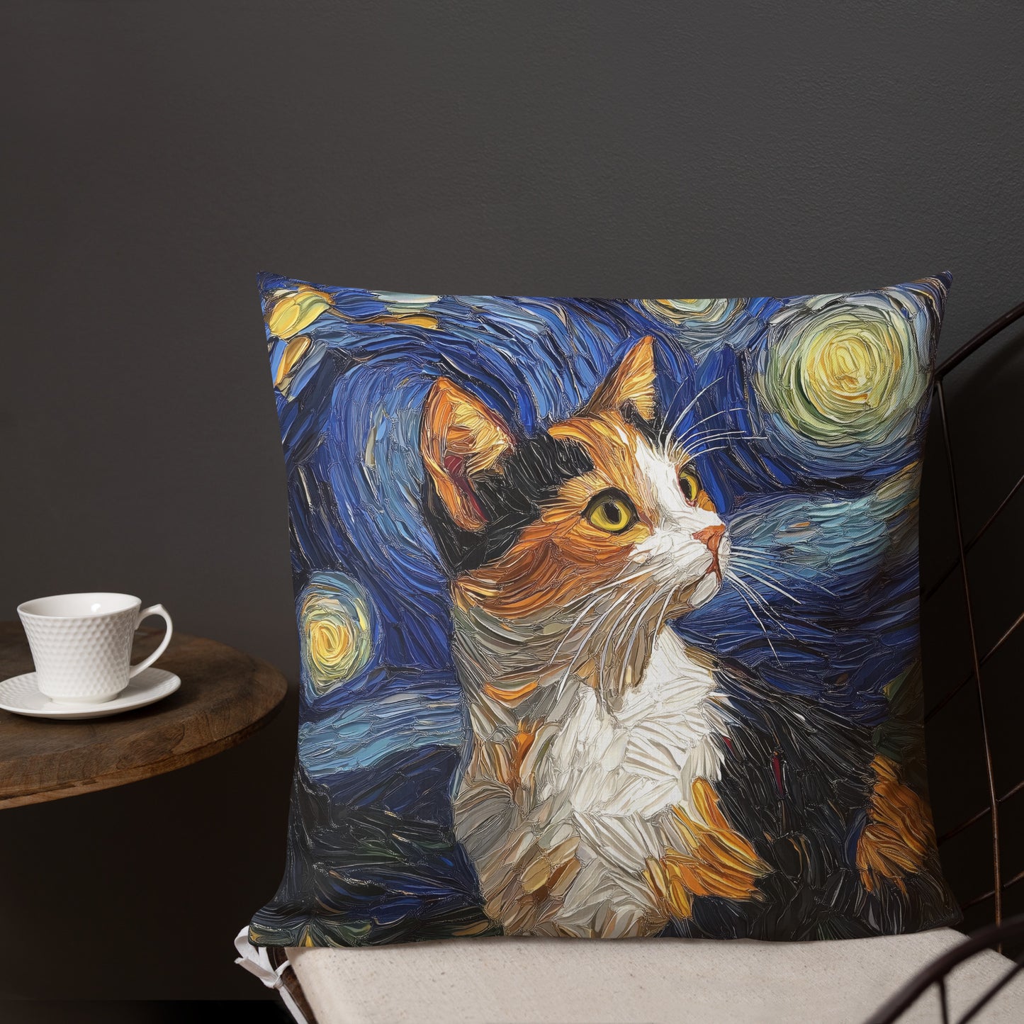 Calico cat decorative throw pillow with Starry Night inspired artwork