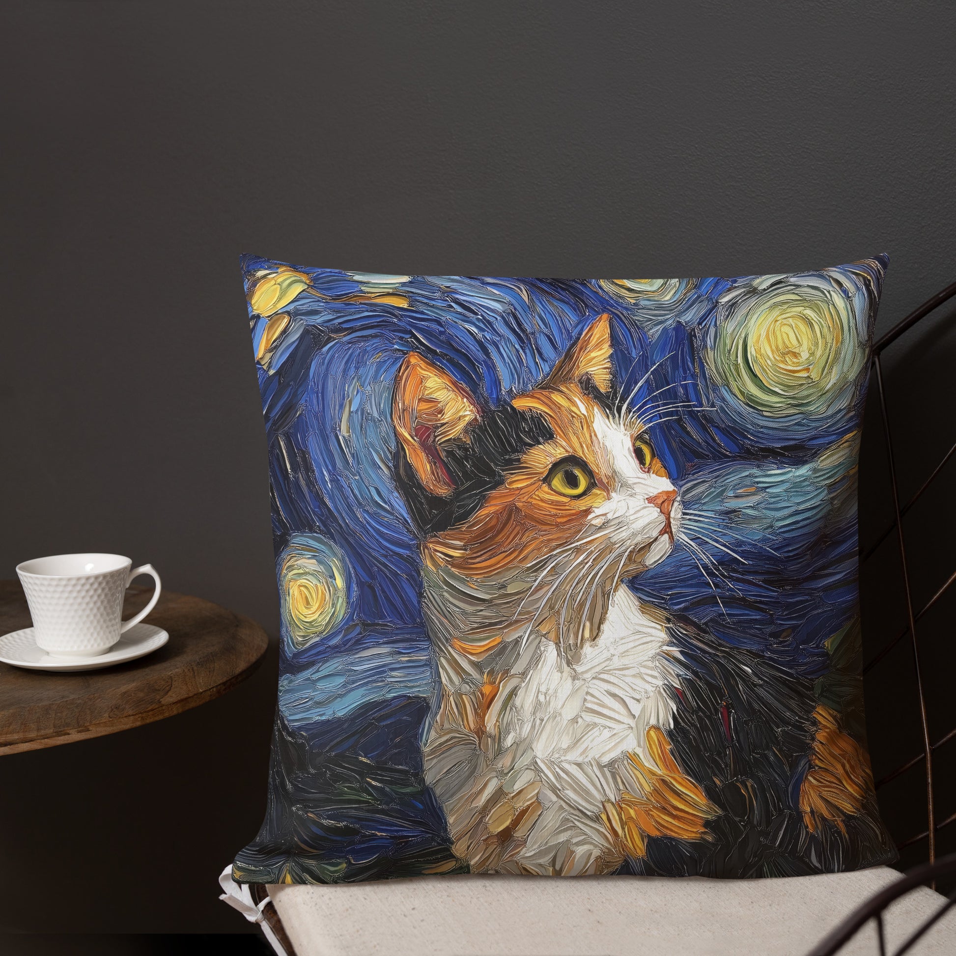 Calico cat decorative throw pillow with Starry Night inspired artwork