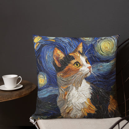 Calico cat decorative throw pillow with Starry Night inspired artwork