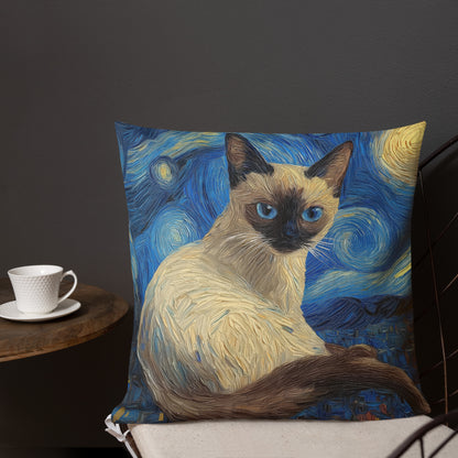 Siamese cat decorative throw pillow with Starry Night inspired artwork