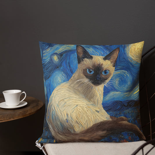 Siamese cat decorative throw pillow with Starry Night inspired artwork