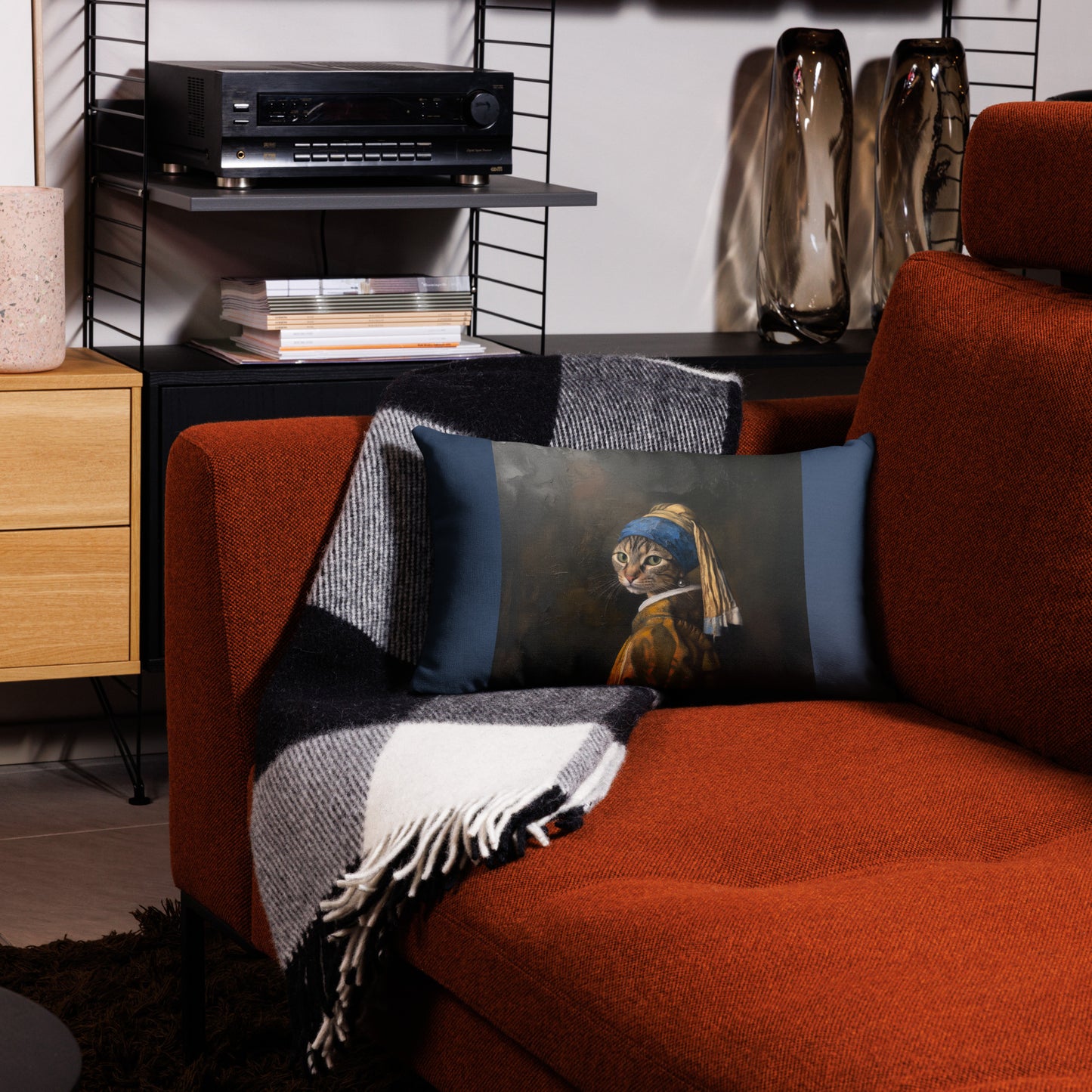 Funny cat art accent pillow with classic Girl with a Pearl Earring parody design – 20x12 Back