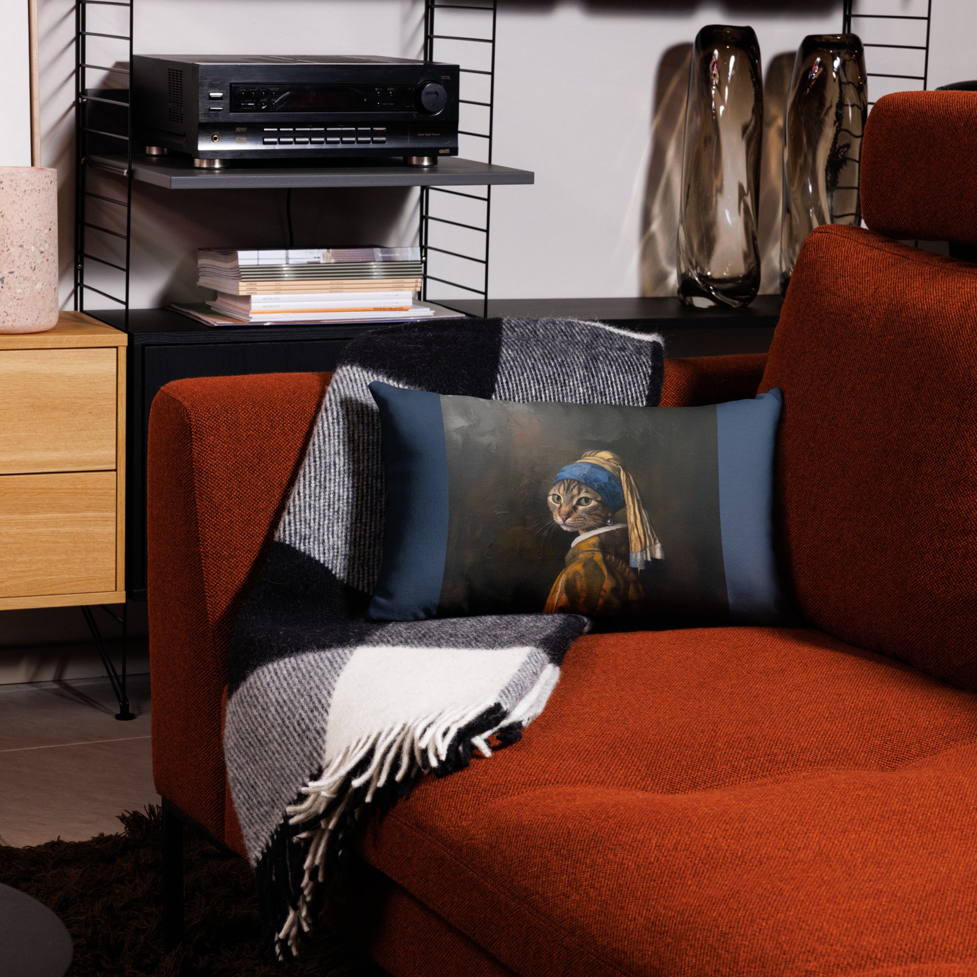 Funny cat art accent pillow with classic Girl with a Pearl Earring parody design – 20x12 Back