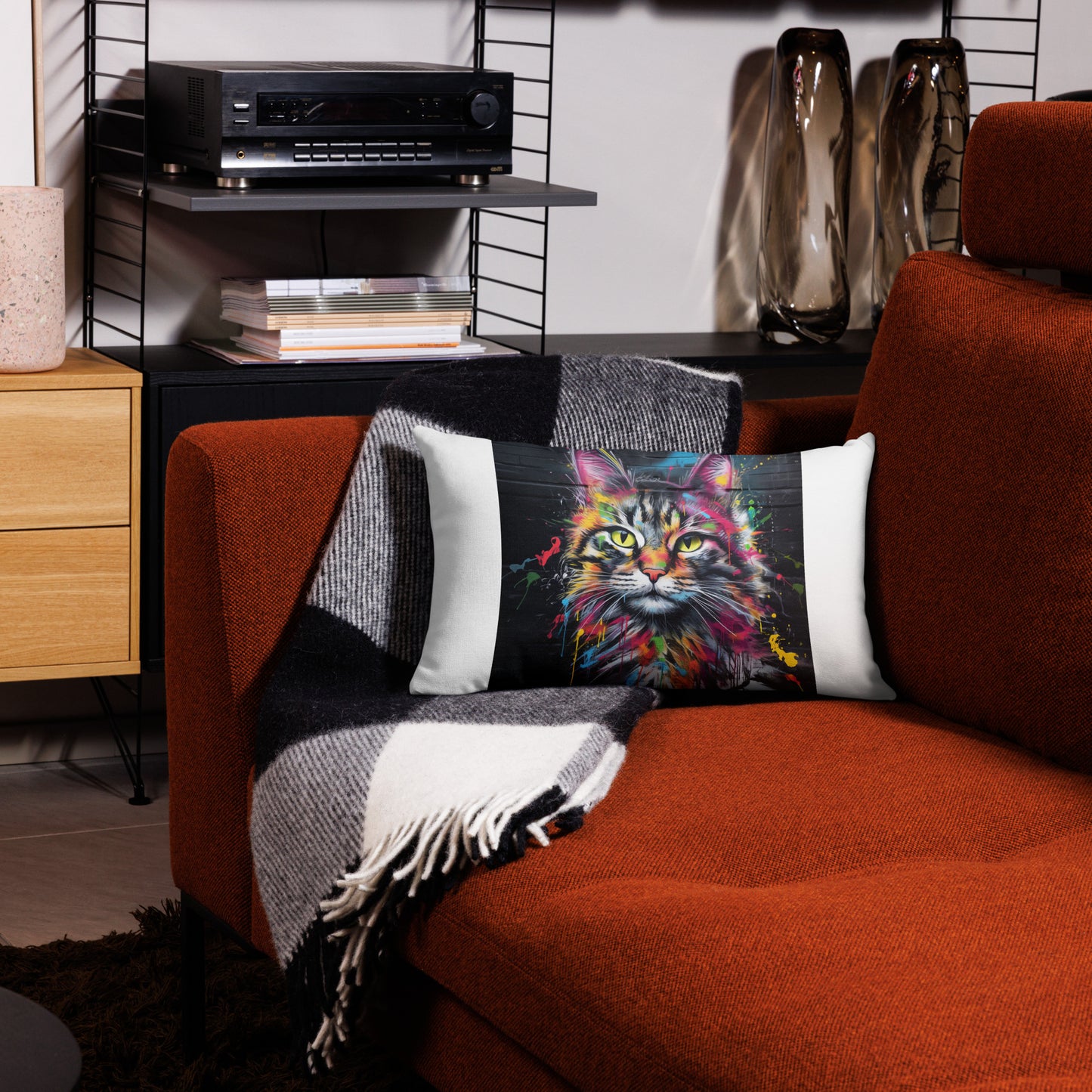 Graffiti Cat Premium Pillow – Colorful Street Art Decorative Throw Pillow