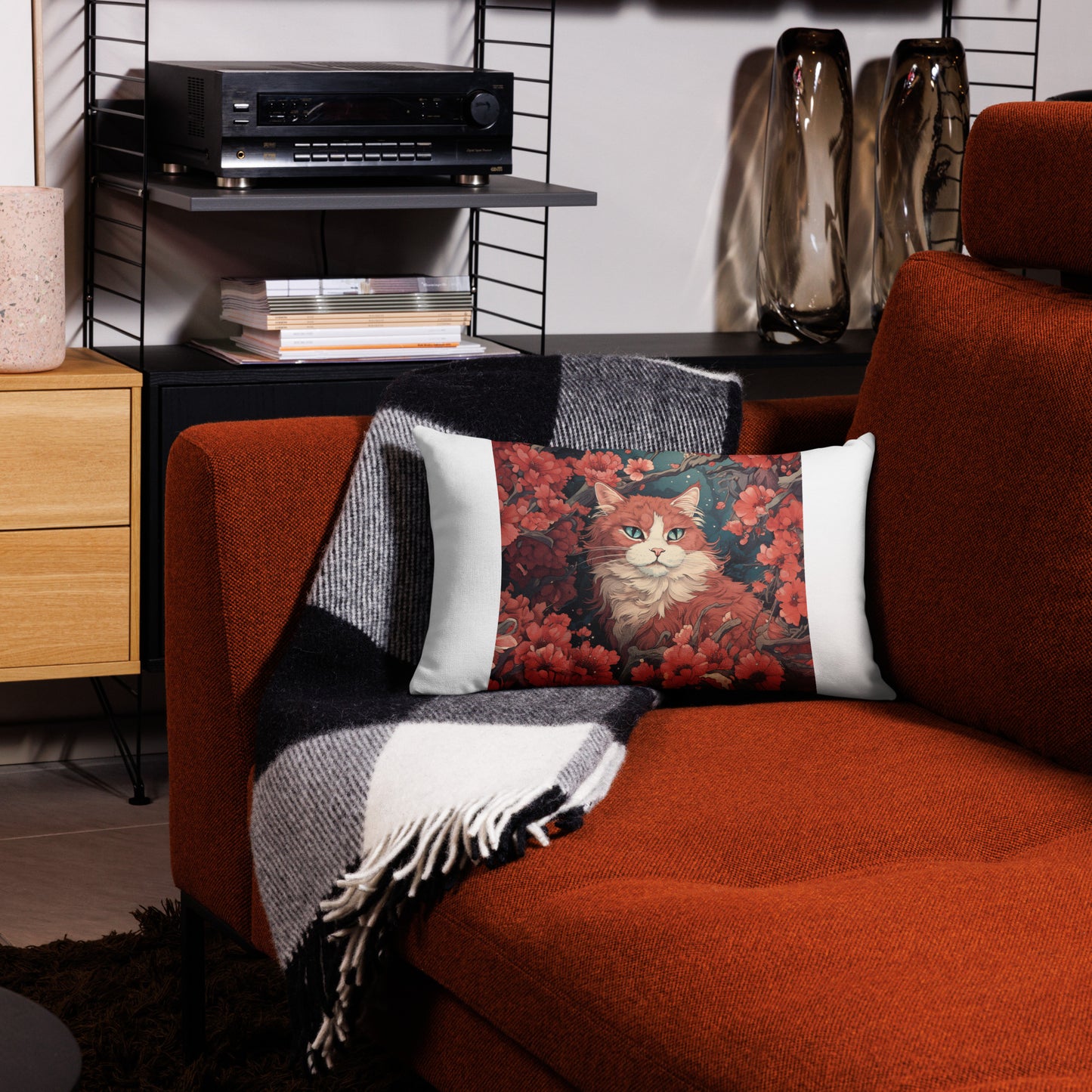 Decorative cat throw pillow inspired by traditional Japanese ukiyo-e artwork