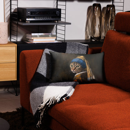 Cat with a Pearl Earring decorative throw pillow inspired by Vermeer artwork – 20x12 Front