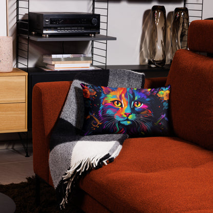 Day Glo Kitty Premium Pillow – Neon Cat Decorative Throw Pillow