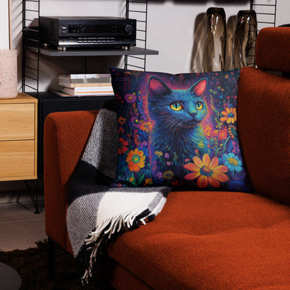 Bright neon cat throw pillow styled in boho living room décor