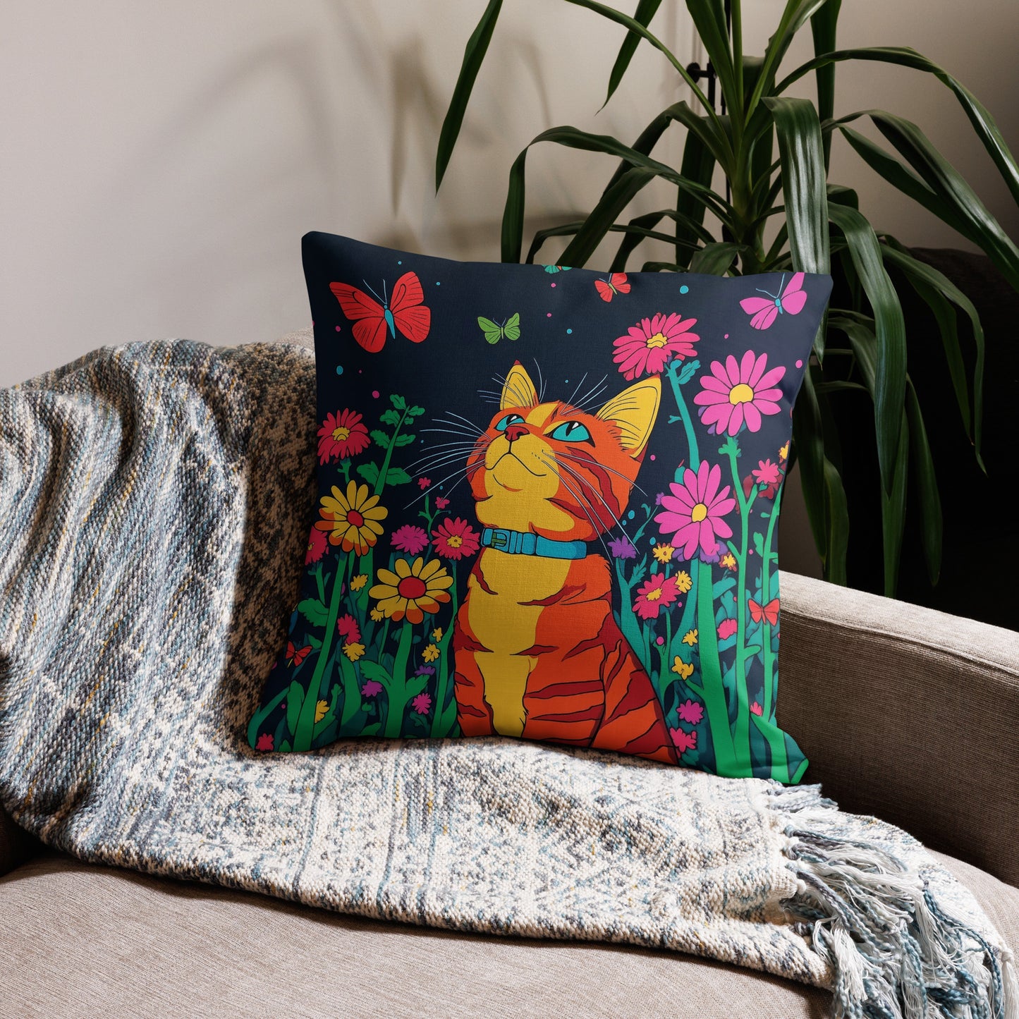 Orange cat decorative throw pillow with butterflies and floral artwork