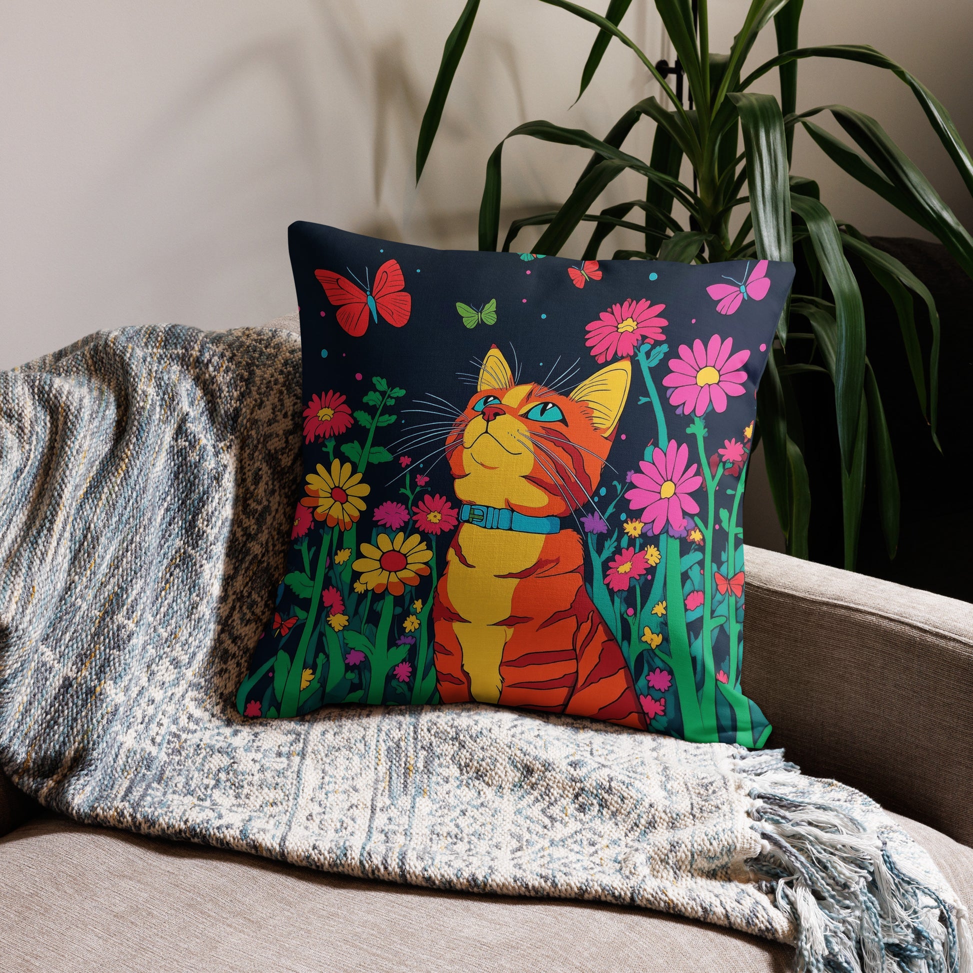 Orange cat decorative throw pillow with butterflies and floral artwork