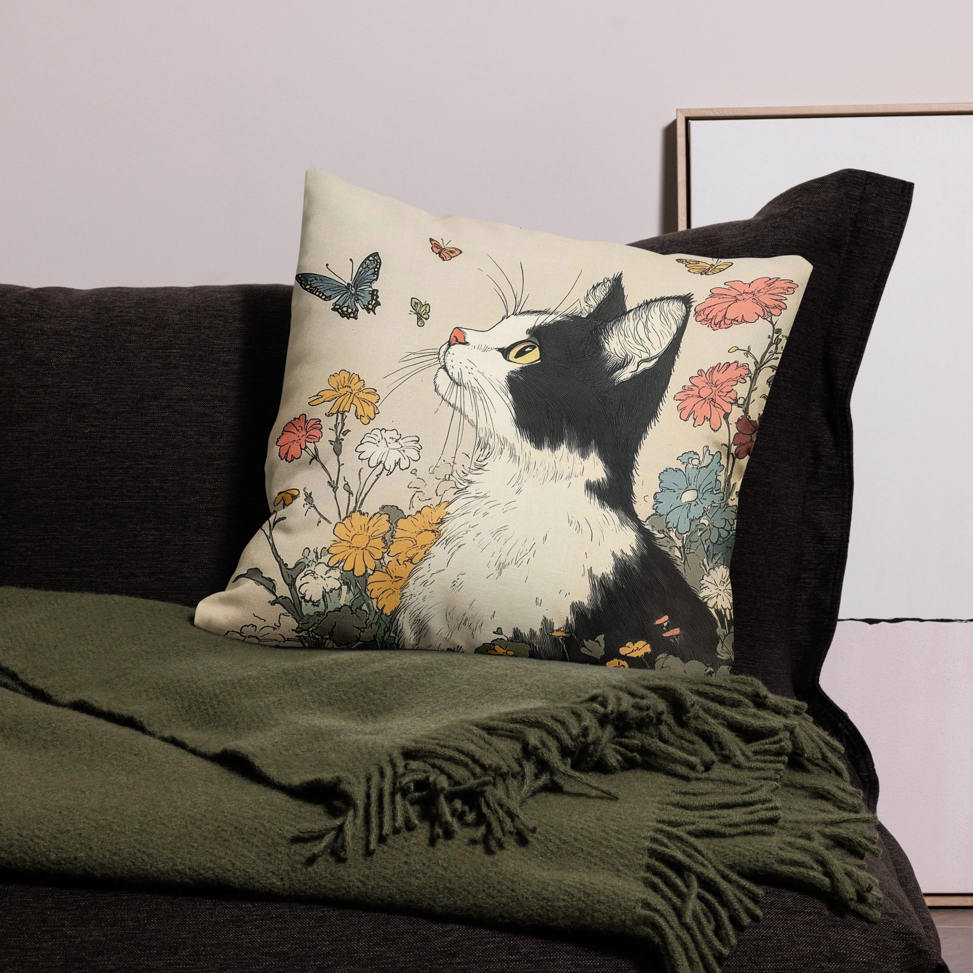 Black and white cat decorative throw pillow with butterflies and floral artwork