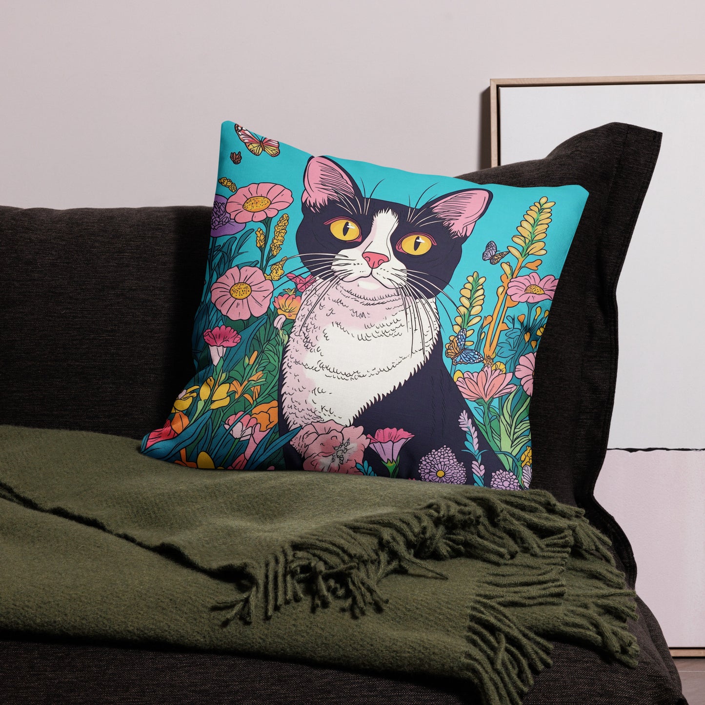 Black and white cat decorative throw pillow with colorful butterflies and floral artwork