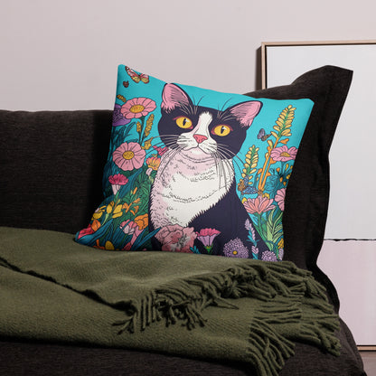 Black and white cat decorative throw pillow with colorful butterflies and floral artwork