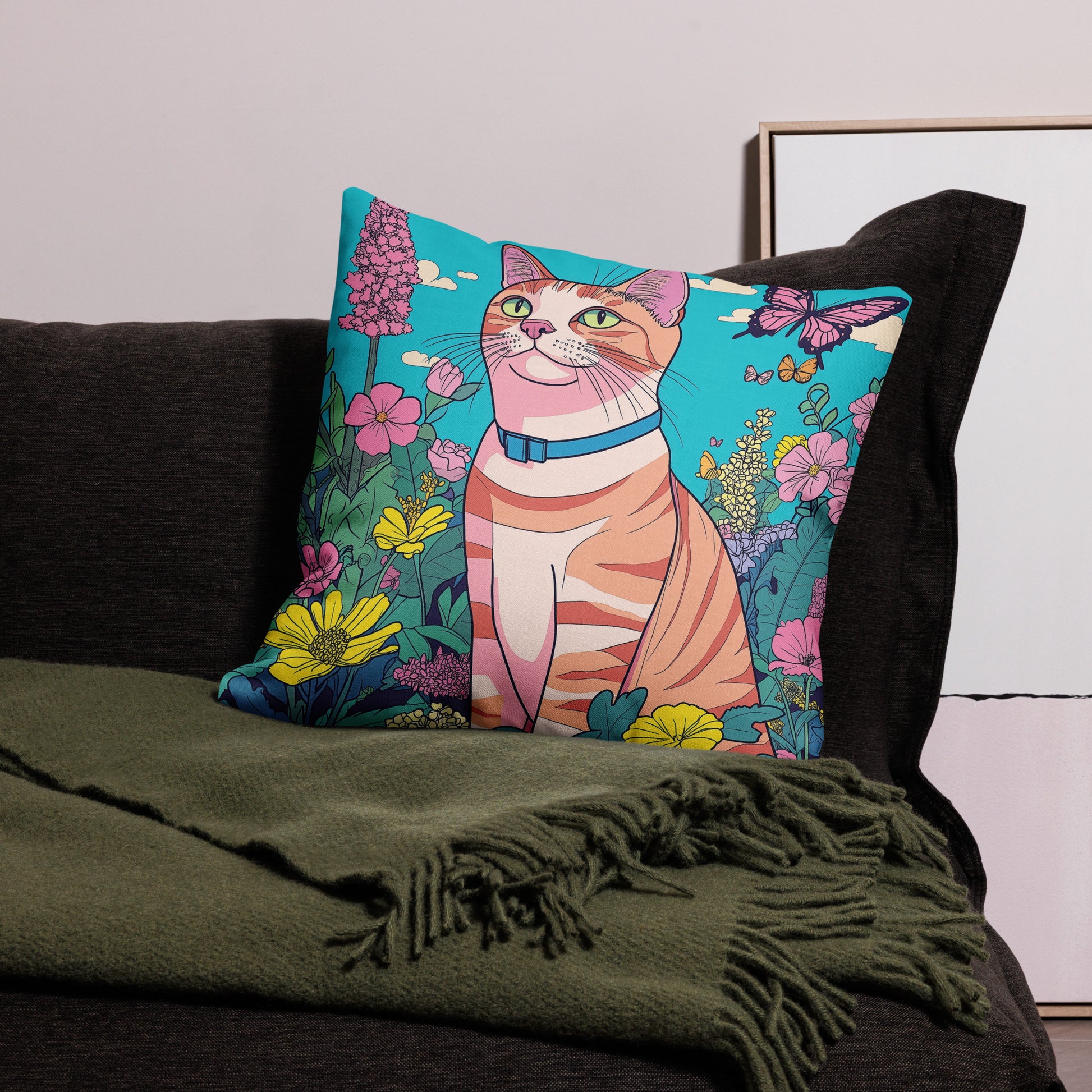 Colorful orange cat decorative throw pillow with butterflies and flowers artwork