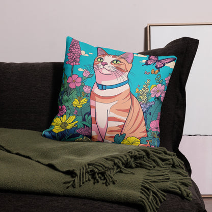 Colorful orange cat decorative throw pillow with butterflies and flowers artwork