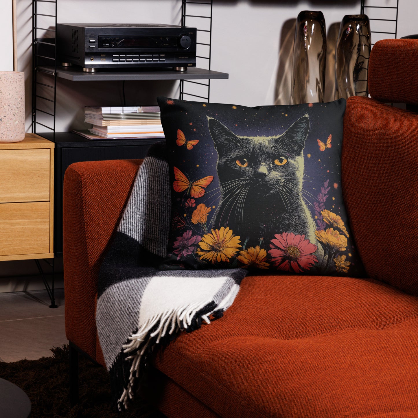 Dark gray cat decorative throw pillow with butterflies and floral fantasy artwork