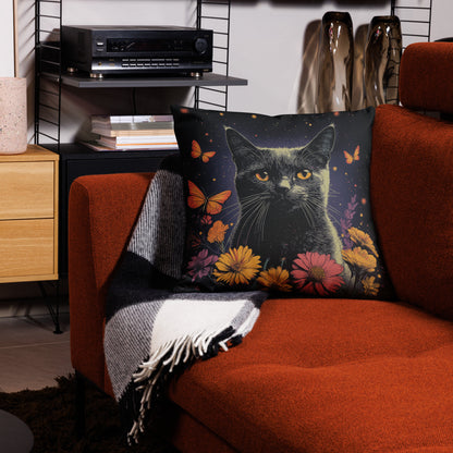 Dark gray cat decorative throw pillow with butterflies and floral fantasy artwork