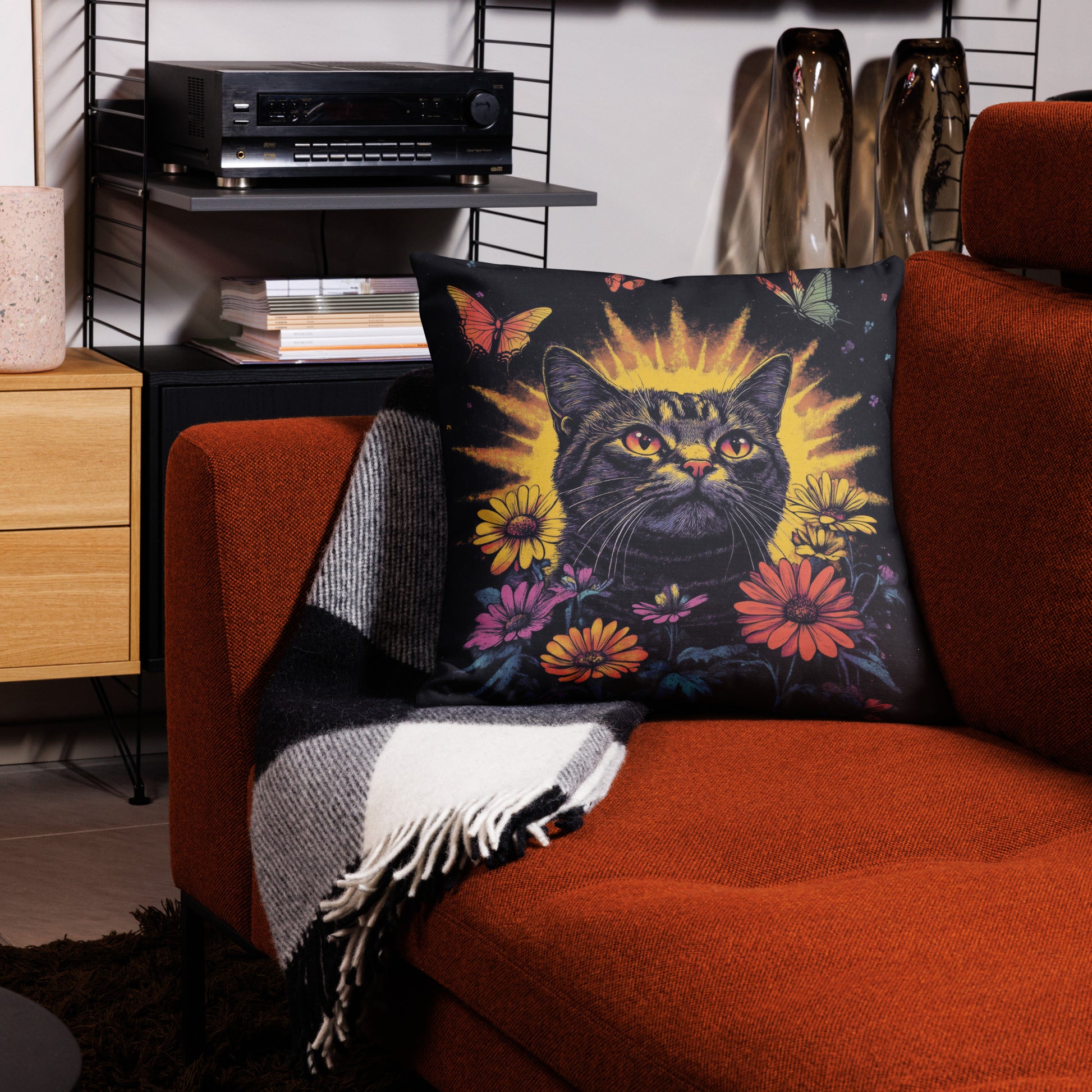 Dark tabby cat decorative throw pillow with butterflies and floral fantasy artwork