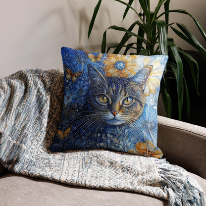 Mystical tabby cat decorative throw pillow with butterflies and flowers fantasy artwork