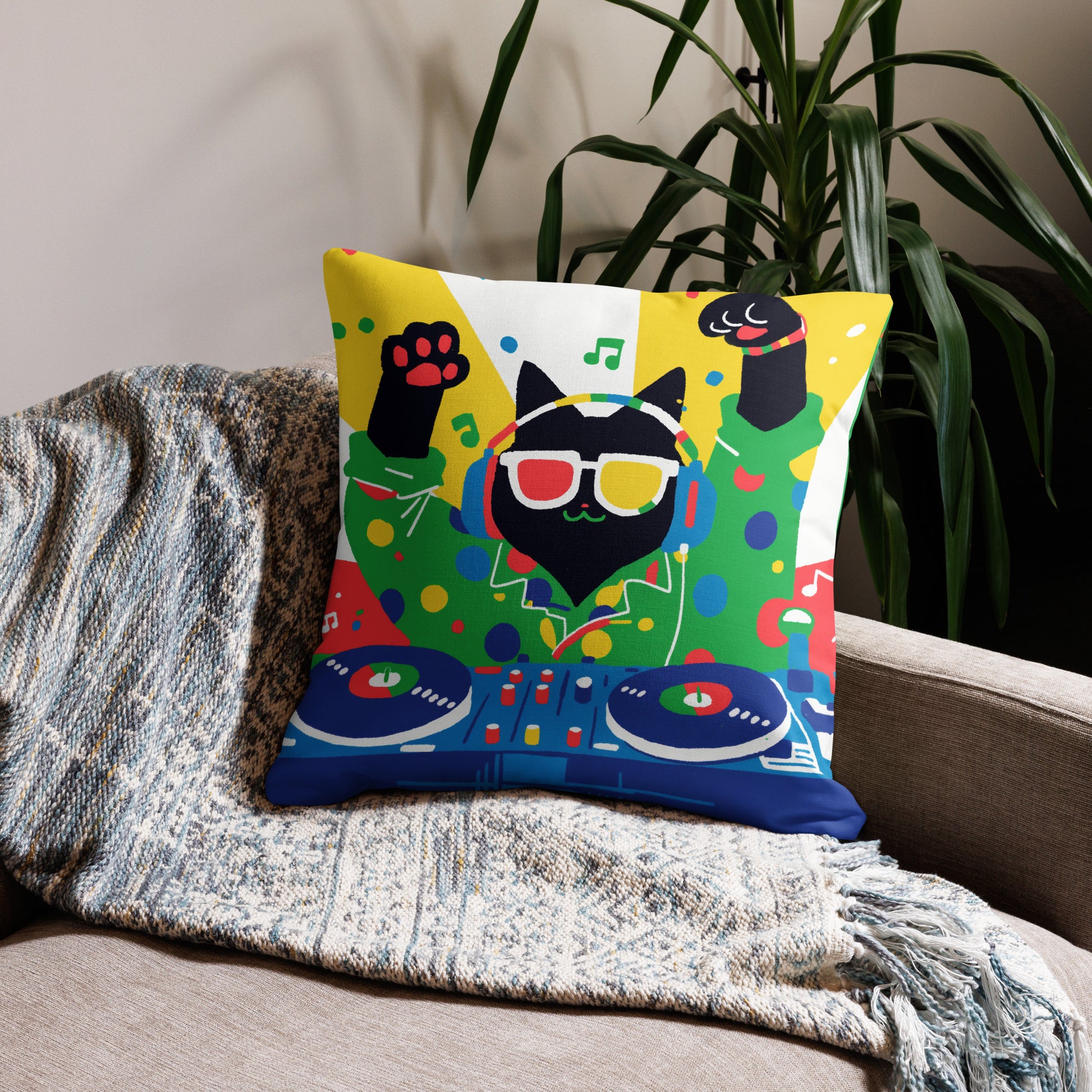 DJ cat decorative throw pillow featuring Chonk and Carl music-themed artwork