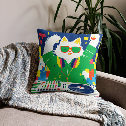 DJ cat decorative throw pillow featuring funny music-themed cat artwork