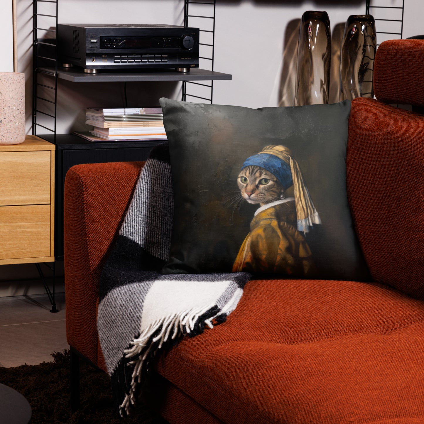 Cat with a Pearl Earring decorative throw pillow inspired by Vermeer artwork – 22x22 Front