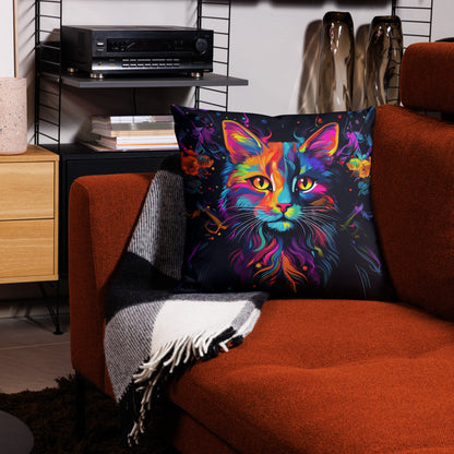 Neon cat decorative throw pillow with colorful psychedelic day-glo artwork