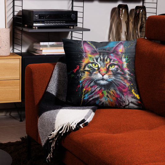 Graffiti cat decorative throw pillow with colorful urban street art design
