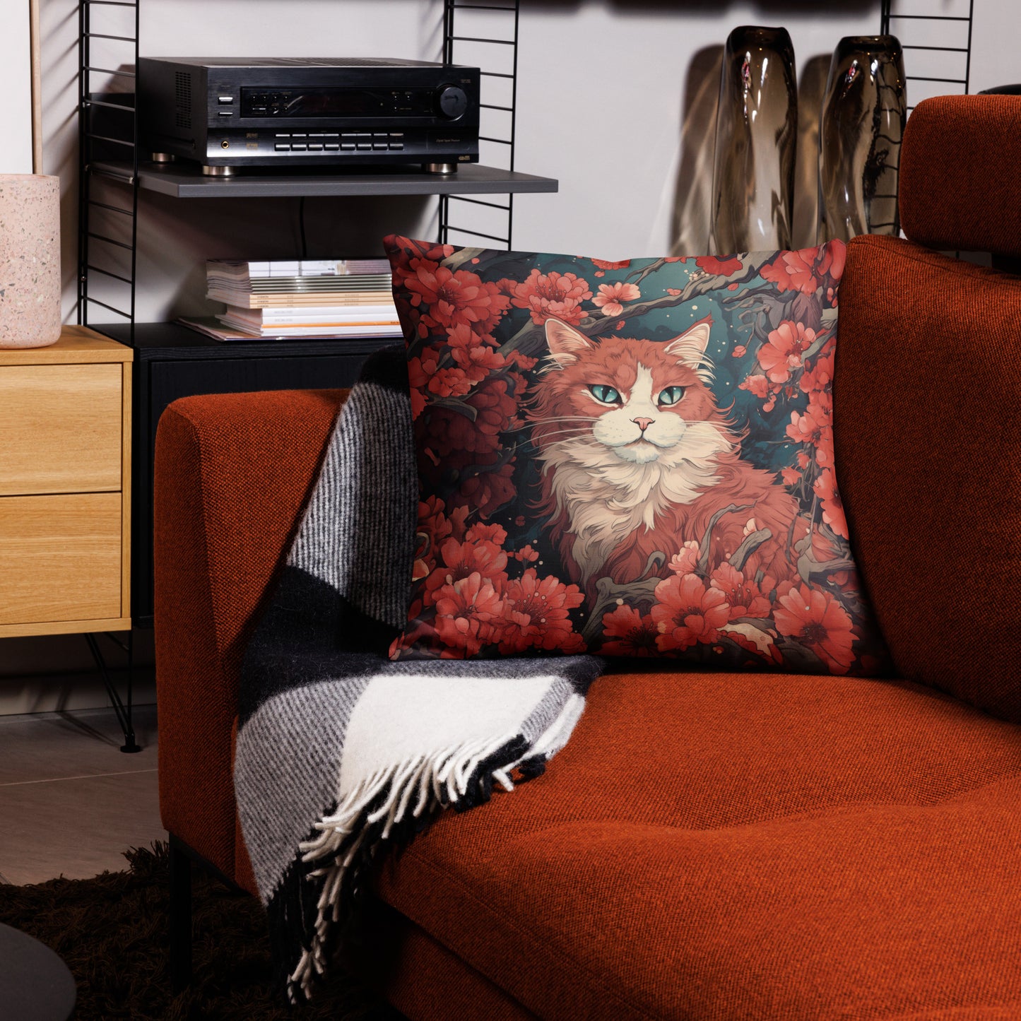Ukiyo-e style white and orange cat decorative throw pillow with Japanese art design