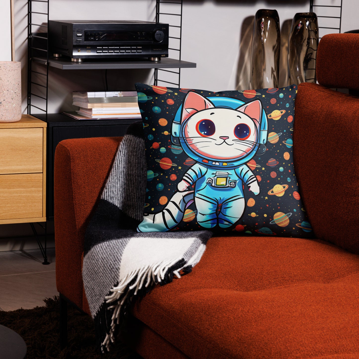Space cat decorative throw pillow with galaxy and cosmic artwork design