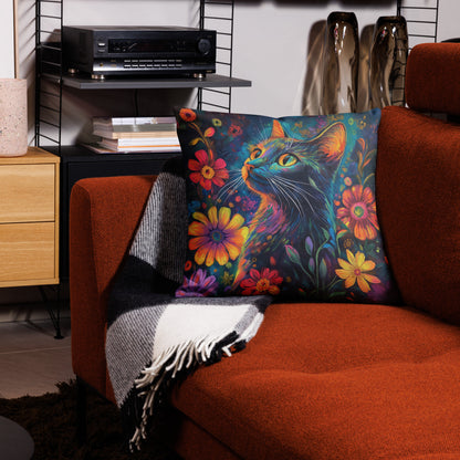 Colorful cat decorative throw pillow with neon floral artwork