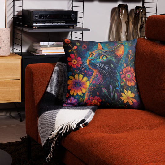 Colorful cat decorative throw pillow with neon floral artwork
