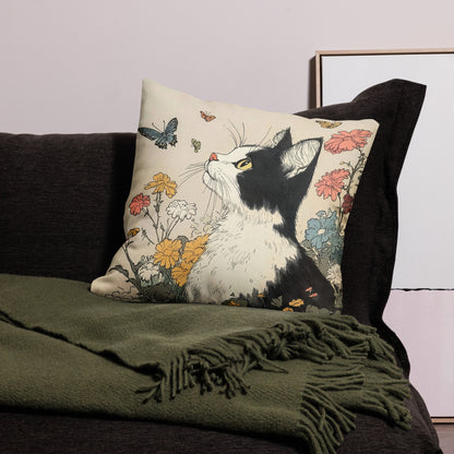 Floral cat throw pillow styled on couch in cozy living room
