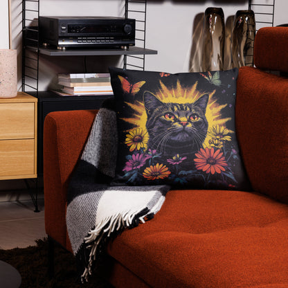 Dark fantasy tabby cat throw pillow styled in cozy artistic living room