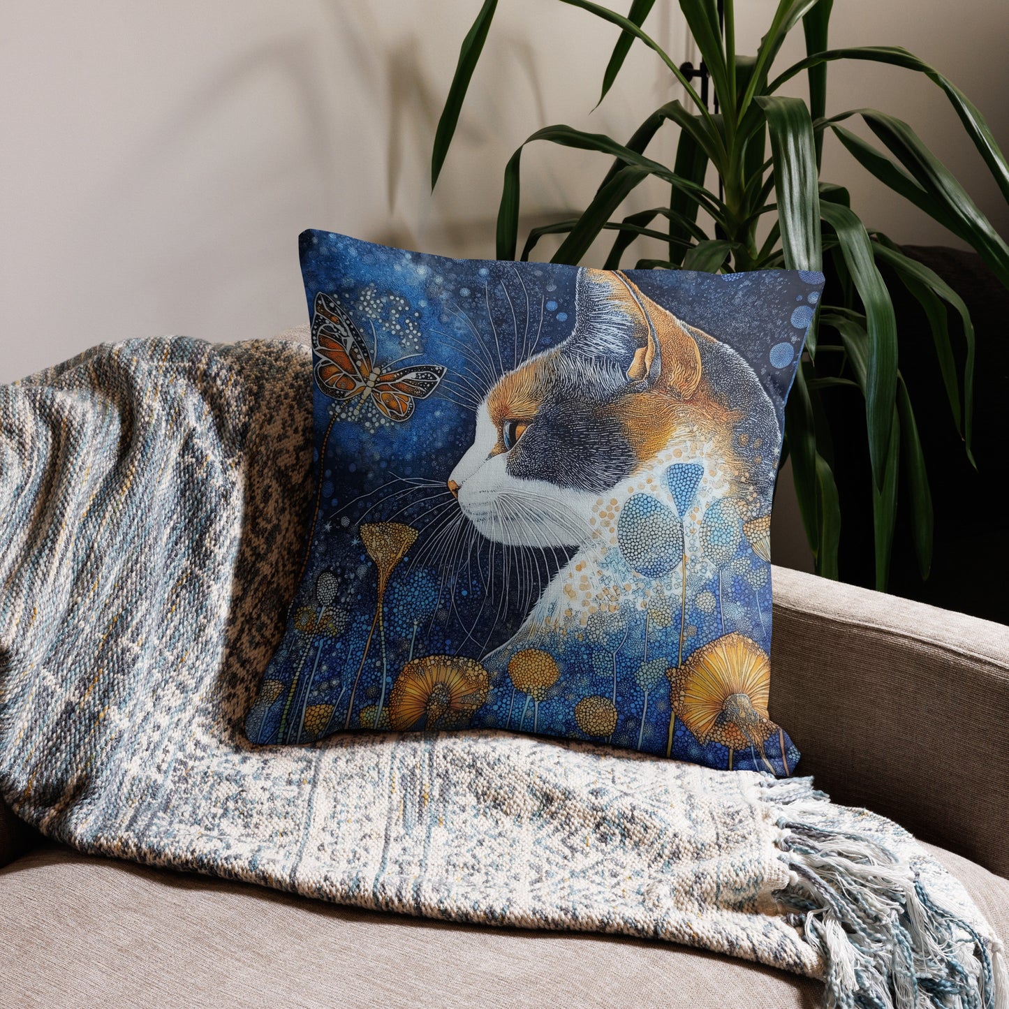 Mystical calico cat throw pillow styled in cozy fantasy-inspired living room