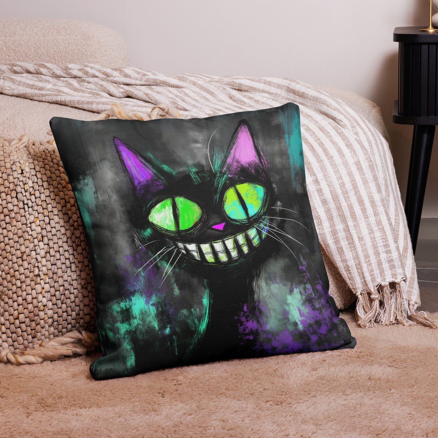 Goth Cheshire Cat decorative throw pillow with dark gothic artwork