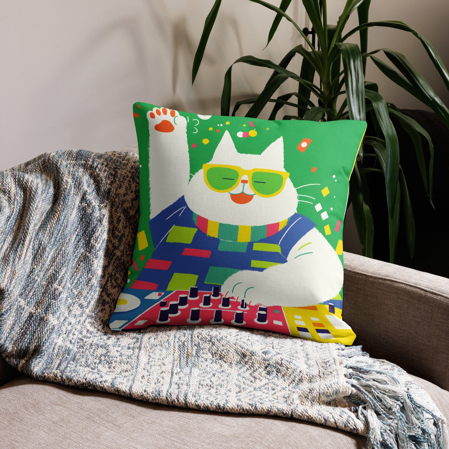 DJ cat decorative throw pillow featuring Chonk and Carl music-themed artwork