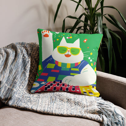 DJ cat decorative throw pillow featuring Chonk and Carl music-themed artwork