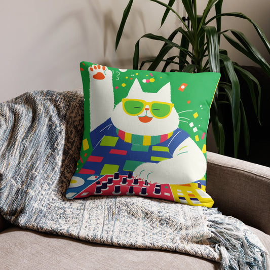 DJ cat decorative throw pillow featuring Chonk and Carl music-themed artwork