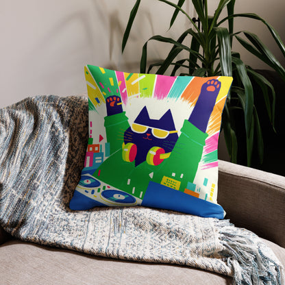 DJ cat decorative throw pillow featuring funny music-themed cat artwork