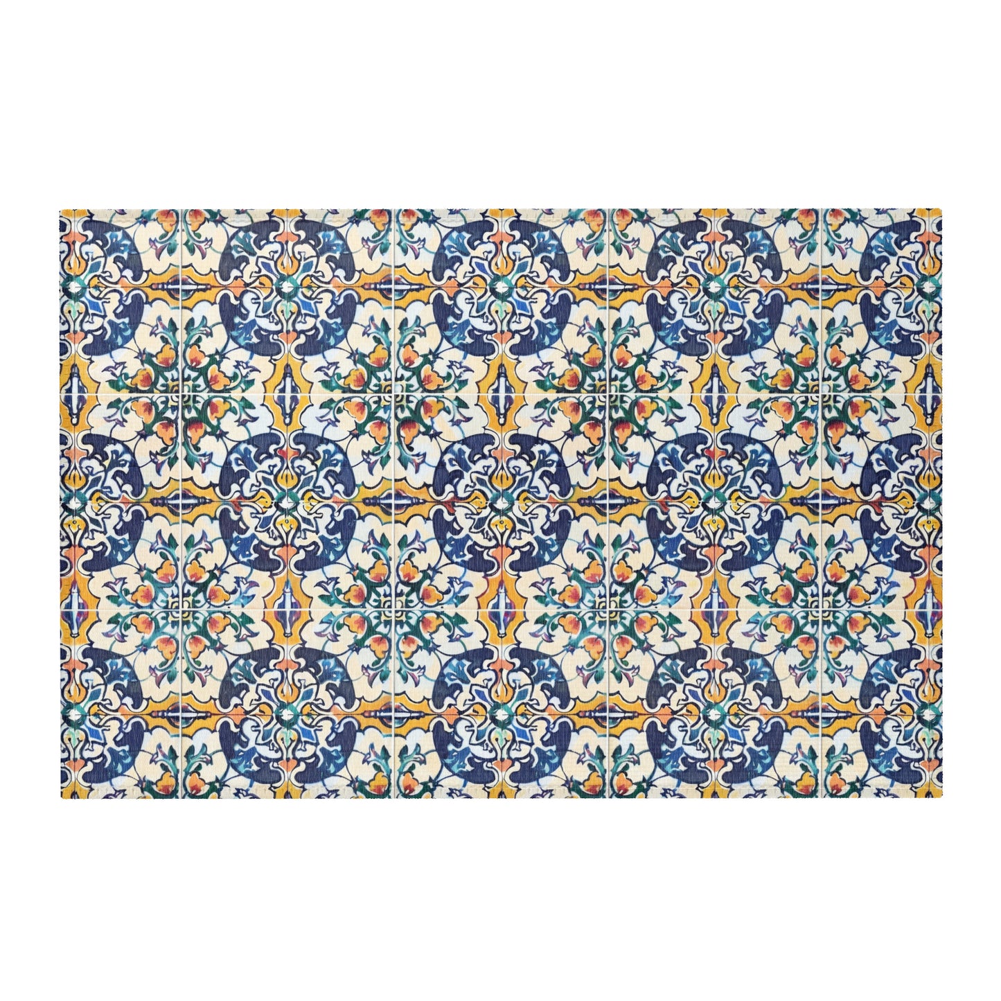 Colorful Portuguese tile area rug with azulejo mosaic pattern design