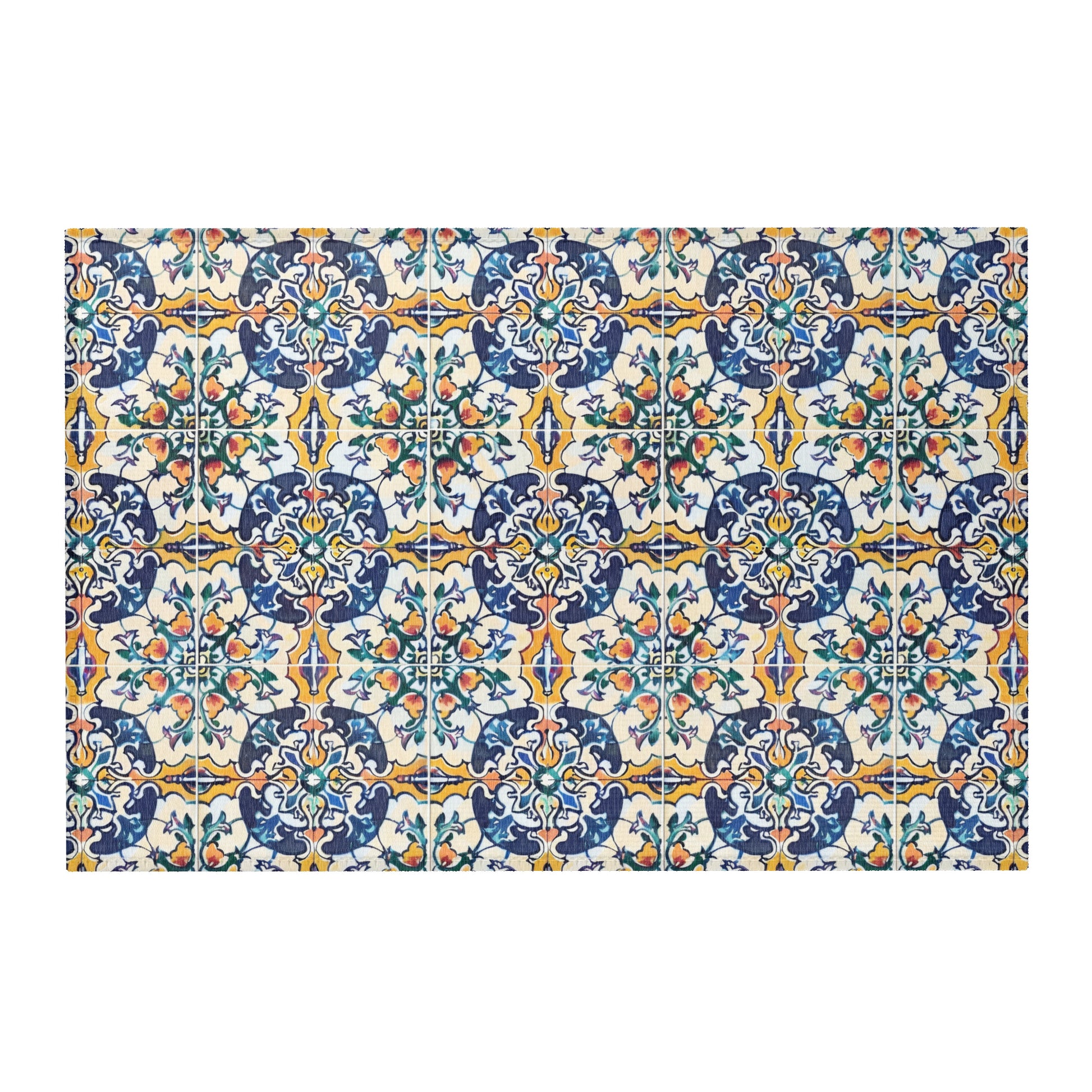 Colorful Portuguese tile area rug with azulejo mosaic pattern design
