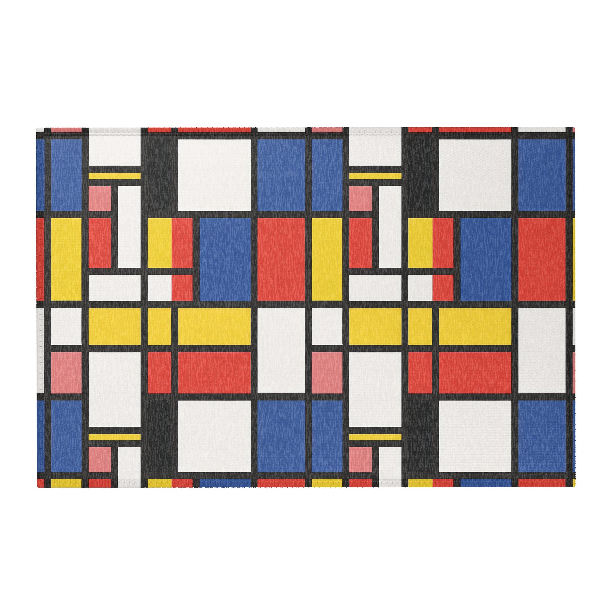 Mondrian-inspired geometric area rug with red blue yellow color blocks