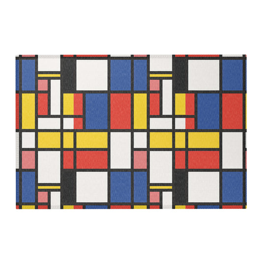 Mondrian-inspired geometric area rug with red blue yellow color blocks
