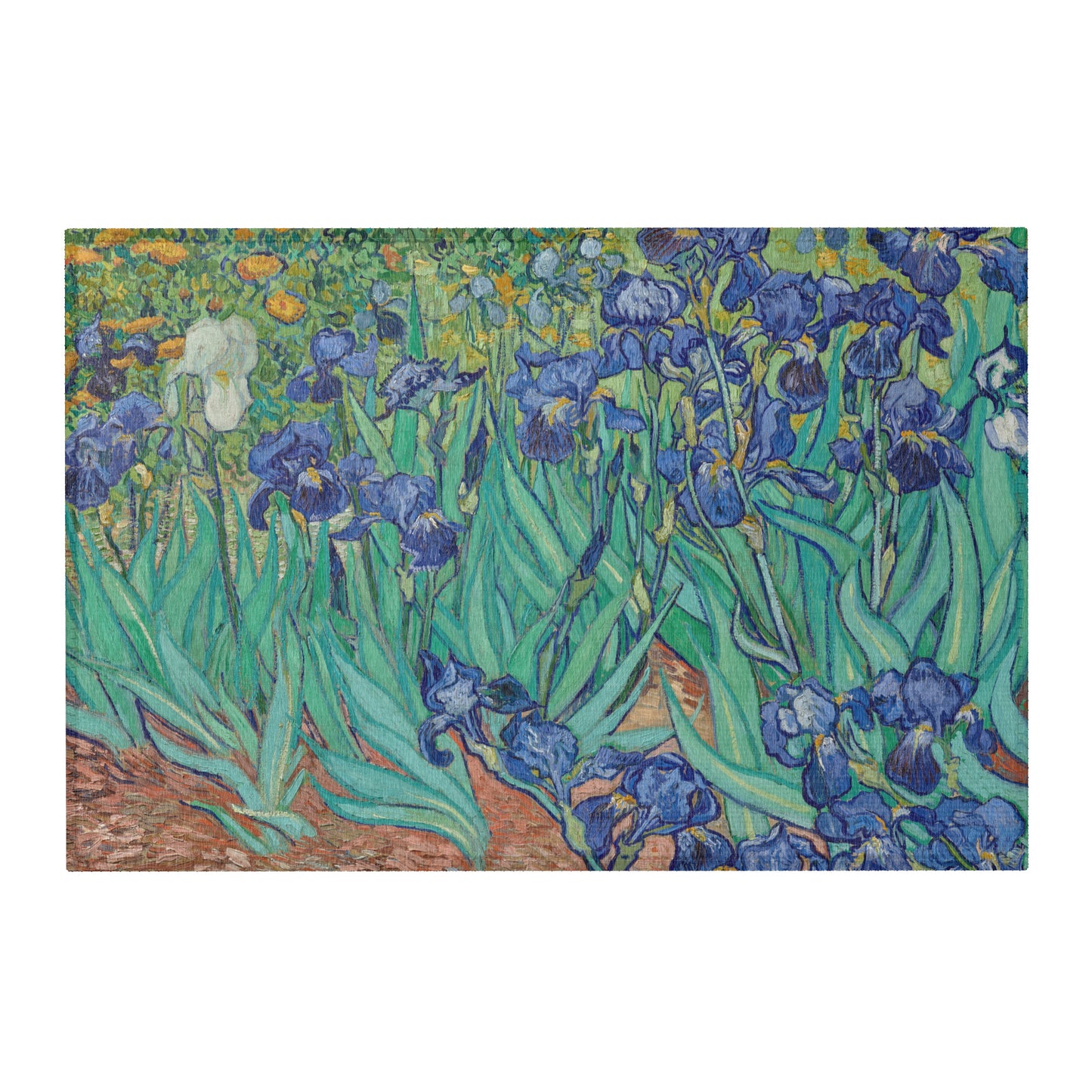 Van Gogh Irises area rug with blue floral artwork for living room décor