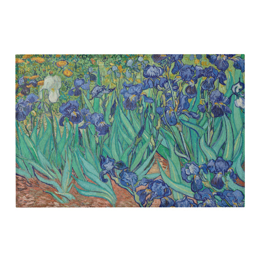 Van Gogh Irises area rug with blue floral artwork for living room décor