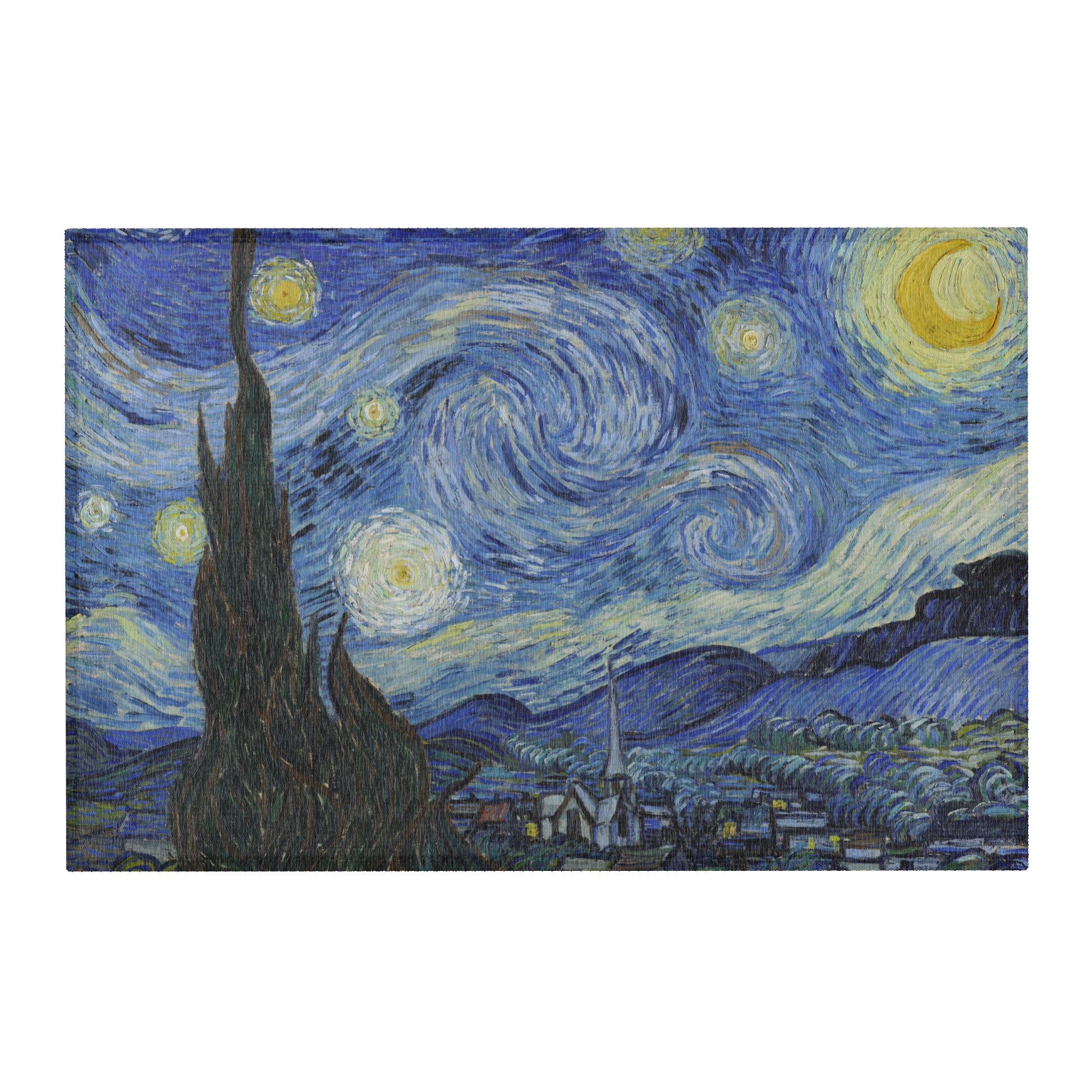 Van Gogh Starry Night area rug with blue swirling sky artwork for living room décor