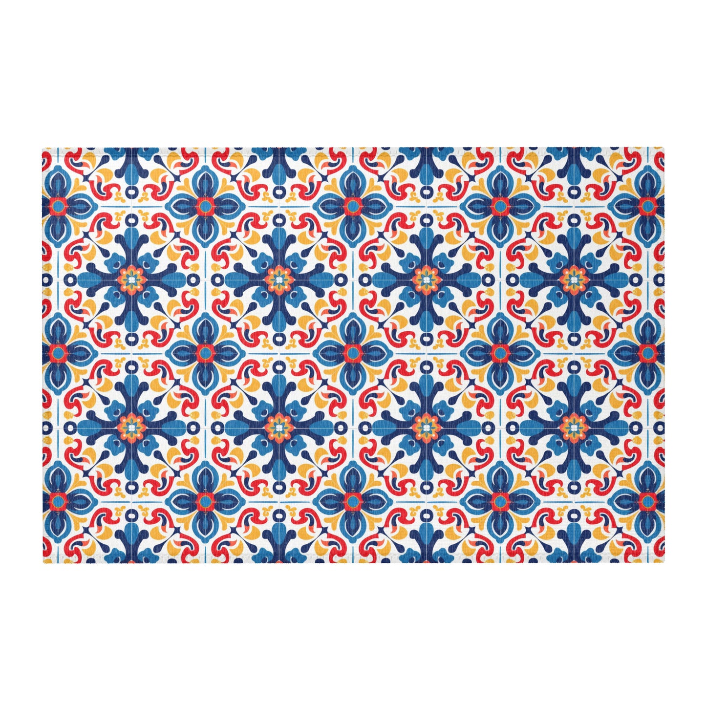 Blue and red Talavera tile style area rug with Mexican pattern design