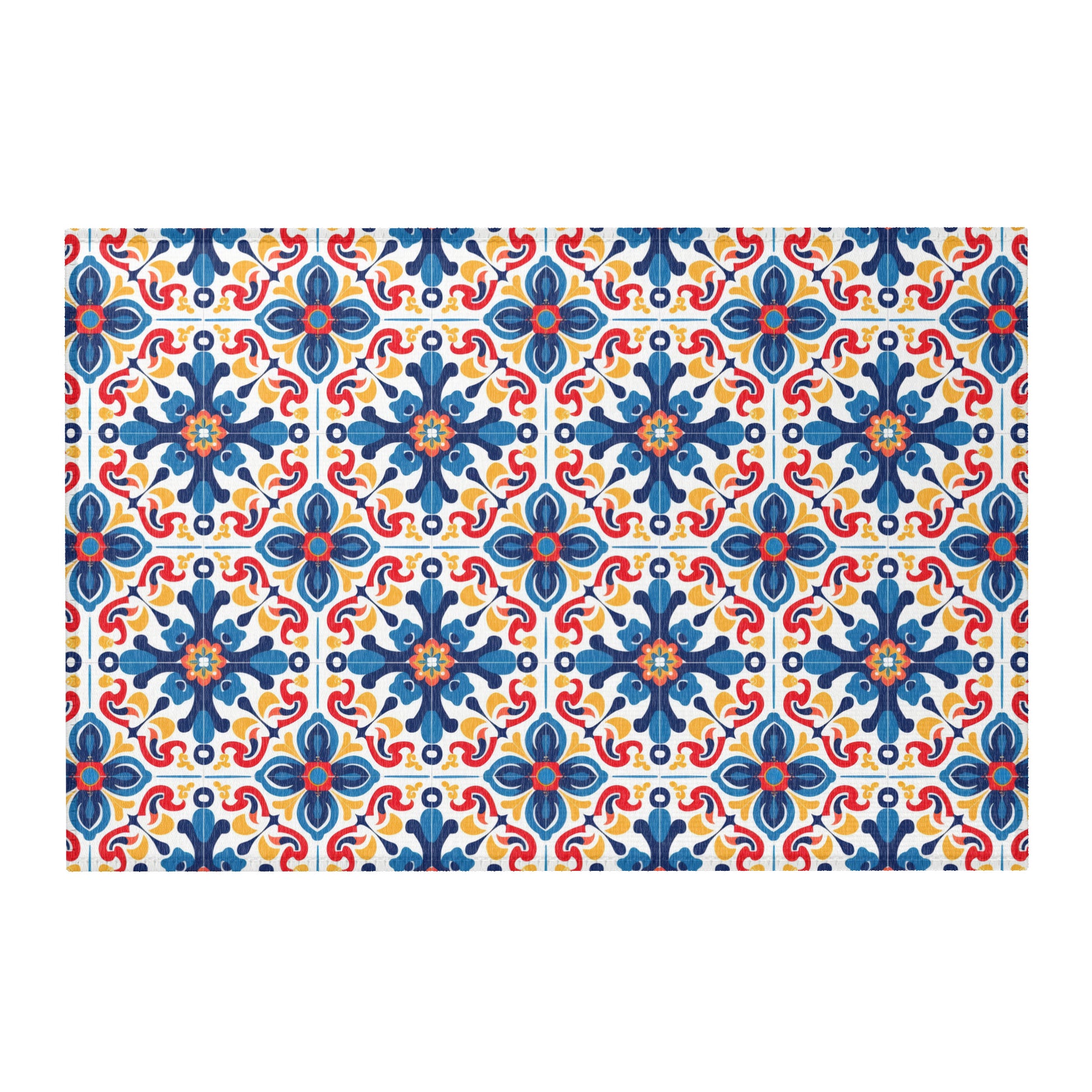 Blue and red Talavera tile style area rug with Mexican pattern design