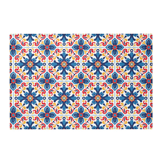 Blue and red Talavera tile style area rug with Mexican pattern design